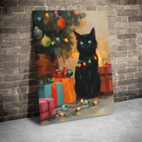 Adorable Kitten in Holiday Lights Canvas Print, Black Cat Christmas Canvas Wall Art, Festive Cat Lover Wall Art, Winter Holiday Canvas Decor