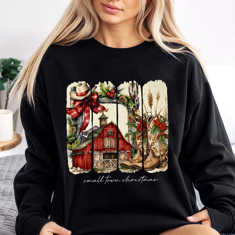 Western Barn Cowgirl Sweatshirt, Small Town Christmas Sweatshirt, Country Music Christmas Crewneck, Rustic Winter Graphic Sweatshirt