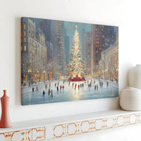 Ice Skating Christmas Tree Print, Winter Cityscape Canvas Art, Festive Holiday Town Wall Decor, Snowy City Scene Canvas Art Present