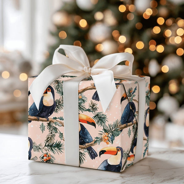 Tropical Toucan Holiday Gift Wrap, Toucan Christmas Wrapping Paper, Watercolor Toucan Bird Wrapping Paper, Festive Winter Pin