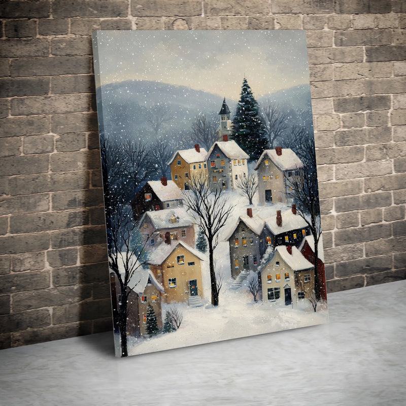 Comfy Snowfall Painting Canvas Print, Winter Village Canvas Wall Art, Holiday Village Winter Art Canvas, Rustic Christmas Wall Decor Present