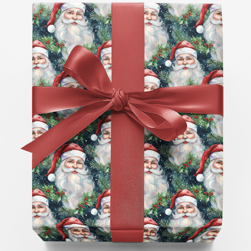 Classic Holly Gift Wrap, Vintage Santa Wrapping Paper, Retro Christmas Santa Wrapping Paper, Holiday Festive Gift Wrap