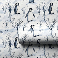 Adorable Winter Holiday Wrapping Paper, Watercolor Penguin Wrapping Paper, Christmas Penguin Gift Wrap, Festive Snowy Tree Wrapping Paper Roll