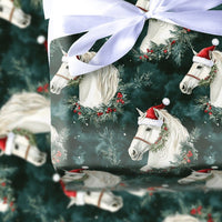 White Stallion Santa Hat Gift Wrap, Horse Christmas Wrapping Paper, Equestrian Christmas Wrapping Paper, Holiday Horse Wrapping Paper Roll