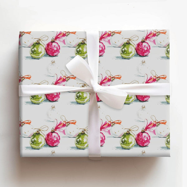 Pink Green Christmas Wrapping Paper, Watercolor Ornament Wrapping Paper, Holiday Bauble Wrapping Paper, Festive Winter Holida