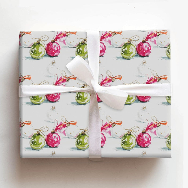 Pink Green Christmas Wrapping Paper, Watercolor Ornament Wrapping Paper, Holiday Bauble Wrapping Paper, Festive Winter Holiday Gift Wrap