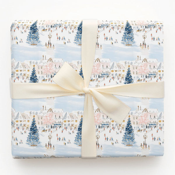 Town Square Christmas Gift Wrap, European Winter Village Wrapping Paper, Watercolor Holiday Wrapping Paper, Snowy Festive Wra