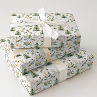 Pinecone Holiday Gift Wrap, Watercolor Christmas Tree Wrapping Paper, Gold Ornament Gift Wrap Roll, Botanical Xmas Present Paper