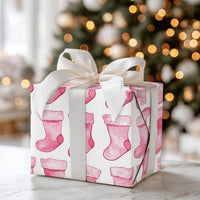 Adorable Holiday Gift Wrap, Pink Stocking Christmas Wrapping Paper, Watercolor Xmas Wrapping Paper, Baby's First Christmas Gift Wrapping Paper