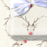 Watercolor Reindeer Wrapping Paper, Red Nosed Reindeer Wrapping Paper, Rustic Holiday Gift Wrap, Christmas Present Wrapping Paper