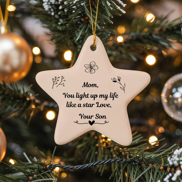 Ceramic Star Ornament for Mom, Floral Line Art Mom Star Ornament, Meaningful Christmas Present from Son, Mother Holiday Tree 