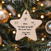 Ceramic Star Ornament for Mom, Floral Line Art Mom Star Ornament, Meaningful Christmas Present from Son, Mother Holiday Tree Star Ornament