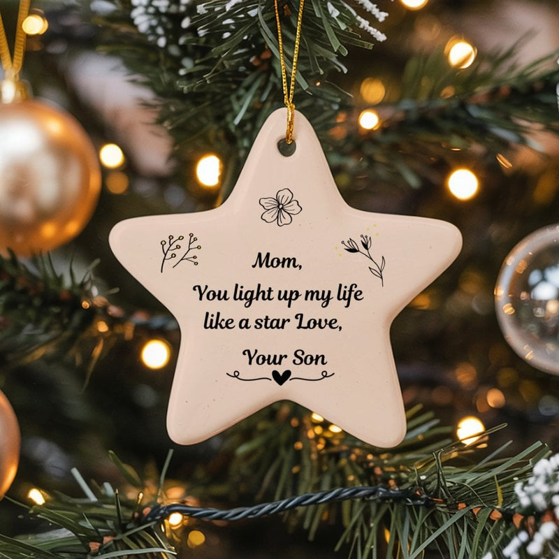 Ceramic Star Ornament for Mom, Floral Line Art Mom Star Ornament, Meaningful Christmas Present from Son, Mother Holiday Tree Star Ornament