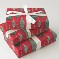 Red and Green Holiday Gift Wrap, Vintage Ornament Christmas Wrapping Paper, Retro Bauble Wrapping Paper, Elegant Festive Gift Wrap Roll