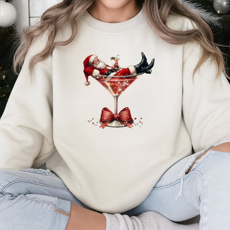 Holiday Cocktail Graphic Crewneck, Christmas Santa Martini Sweatshirt, Humorous Xmas Party Pullover Sweater, Retro Santa Festive Sweatshirt