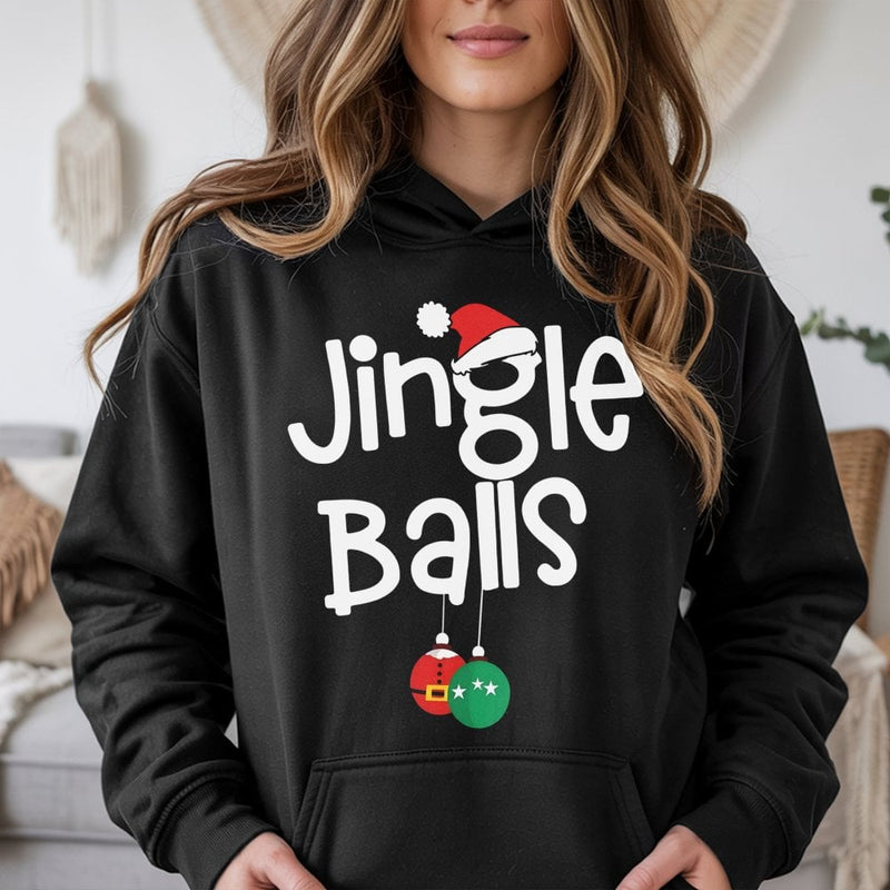 Adult Holiday Humor Sweatshirt, Jingle Balls Humorous Christmas Hoodie, Festive Graphic Pullover, Crude Christmas Humor Hoodie