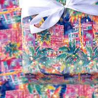 Coastal Palm Tree Gift Wrap, Tropical Christmas Wrapping Paper, Vibrant Cityscape Wrapping Paper, Warm Holiday Present Gift Wrap