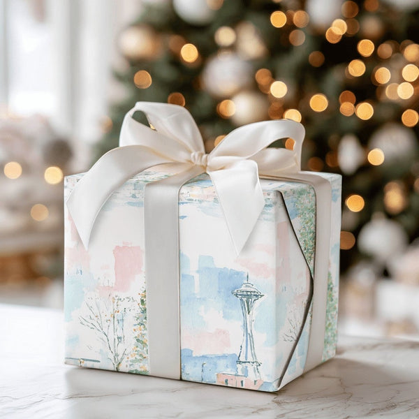 Watercolor Space Needle Gift Wrap, Seattle Christmas Wrapping Paper, Pacific Northwest Skyline Wrapping Paper, Festive Holida