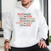Retro Faith Based Hoodie, Believe Like Mary Christmas Hoodie, Christian Typography Pullover Hoodie, Religious Holiday Hooded Sweatshirt