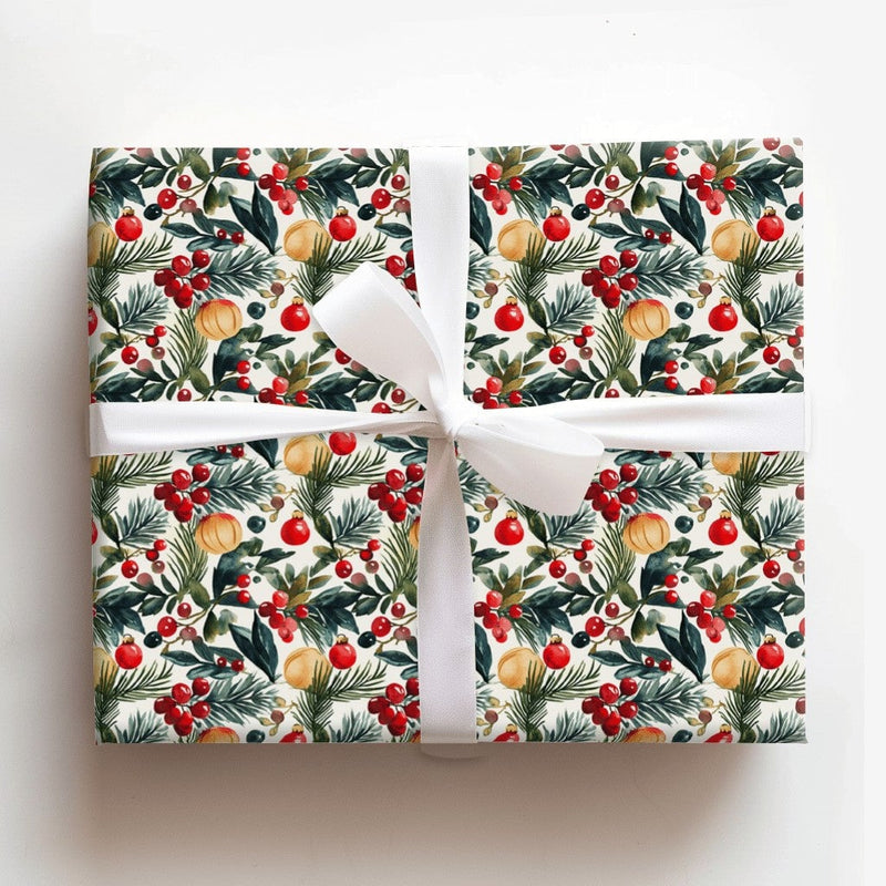 Botanical Berry Gift Wrap, Watercolor Pine Holly Christmas Wrapping Paper, Festive Holiday Wrapping Paper, Xmas Present Wrap Roll