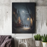 Snowy Winter Deer Canvas Print, Winter Christmas Canvas Wall Art, Winter Forest Streetlamp Canvas Decor, Holiday Wall Art Present