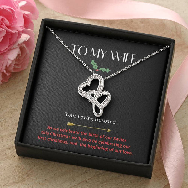 Interlocking Crystal Hearts Pendant, Double Heart Necklace, 14K White Gold Finish Heart Necklace, First Christmas Present for