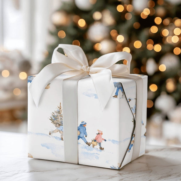 Watercolor Winter Scene Gift Wrap, Carrying Christmas Tree Wrapping Paper, Nostalgic Holiday Wrapping Paper, Festive Gift Wra
