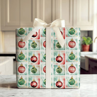 Watercolor Holiday Grid Gift Wrap, Christmas Ornament Stamp Wrapping Paper, Festive Red Green Ornament Wrapping Paper, Xmas Gift Wrap Roll