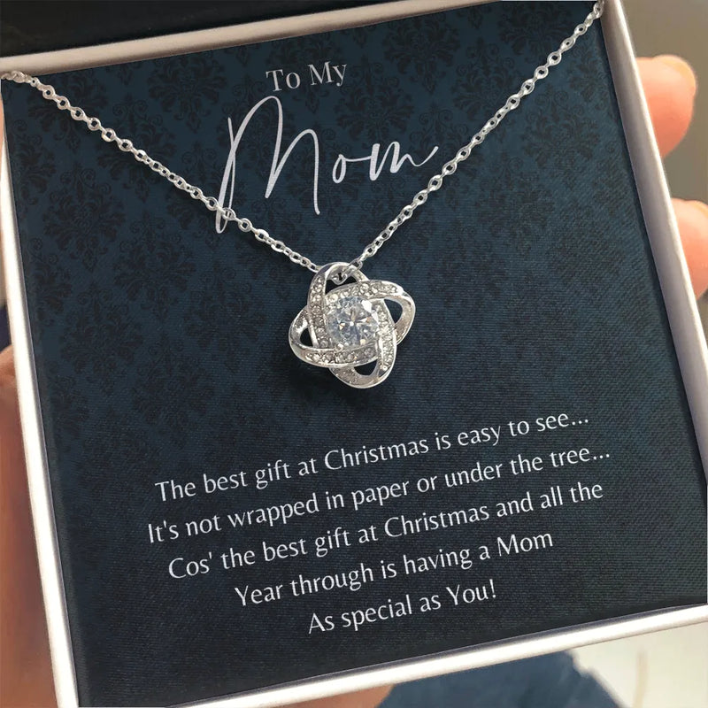 14k White Gold Mother Necklace, Love Knot Necklace for Mom, Sparkling Cubic Zirconia Pendant Necklace, Meaningful Christmas Present for Mother