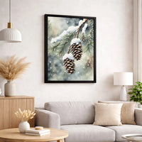 Winter Forest Watercolor Canvas, Snowy Pine Cones Canvas Print, Rustic Pine Cone Canvas Art, Christmas Pinecone Print, Holiday Home Decor
