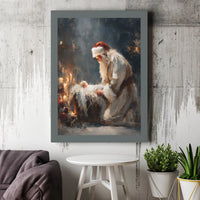 Nativity Scene Canvas Print, Kneeling Santa Baby Jesus Canvas Art, Christian Christmas Canvas Wall Decor, Holiday Faith Wall Art, Xmas Present