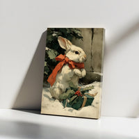 White Rabbit with Red Bow Wall Art, Vintage Christmas Bunny Canvas, Festive Holiday Woodland Canvas Print, Winter Animal Wall Decor
