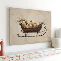 Vintage Holiday Gift Box Canvas Wall Art, Rustic Christmas Sleigh Canvas Print, Winter Farmhouse Canvas Decor, Seasonal Wall Hanging