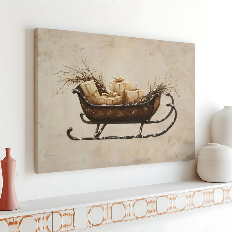 Vintage Holiday Gift Box Canvas Wall Art, Rustic Christmas Sleigh Canvas Print, Winter Farmhouse Canvas Decor, Seasonal Wall Hanging