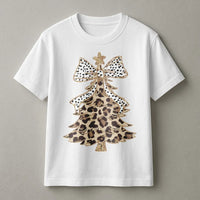 Festive Polka Dot Bow Shirt, Leopard Print Christmas Tree T-Shirt, Adorable Winter Holiday Graphic Tee, Retro Xmas Tree T-Shirt, Womens Present