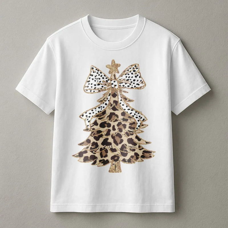 Festive Polka Dot Bow Shirt, Leopard Print Christmas Tree T-Shirt, Adorable Winter Holiday Graphic Tee, Retro Xmas Tree T-Shirt, Womens Present