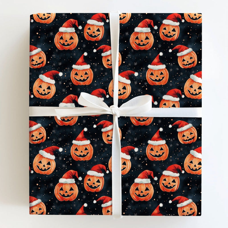 Halloween Christmas Gift Wrap, Jack-o'-Lantern Santa Hat Wrapping Paper, Spooky Holiday Wrapping Paper, Pumpkin Xmas Present Gift Wrap Roll