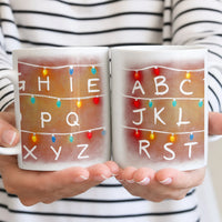 Festive Holiday String Lights Ceramic Mug, Christmas Lights Alphabet Mug, Merry Teacher Christmas Coffee Mug, Adorable Winter Tea Cup Present