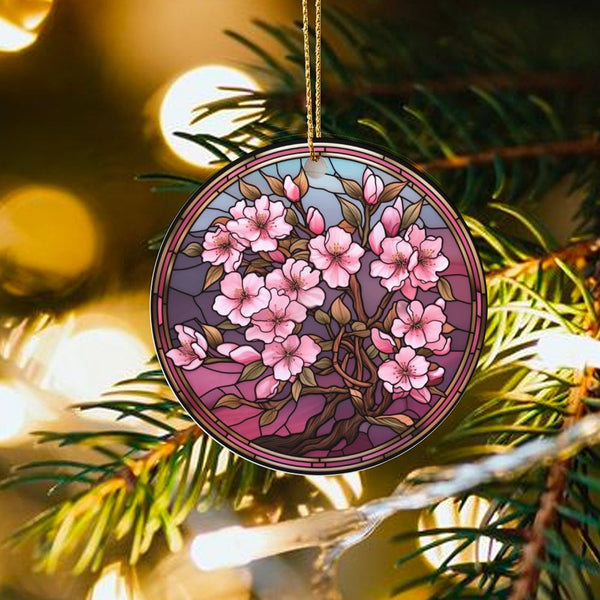 Floral Art Christmas Ornament, Stained Glass Cherry Blossom Ceramic Ornament, Elegant Botanical Tree Ornament, Nature Lover P