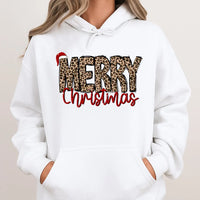 Festive Santa Hat Holiday Hoodie, Merry Christmas Leopard Print Hoodie, Adorable Animal Print Hooded Sweatshirt, Comfy Winter Loungewear Present