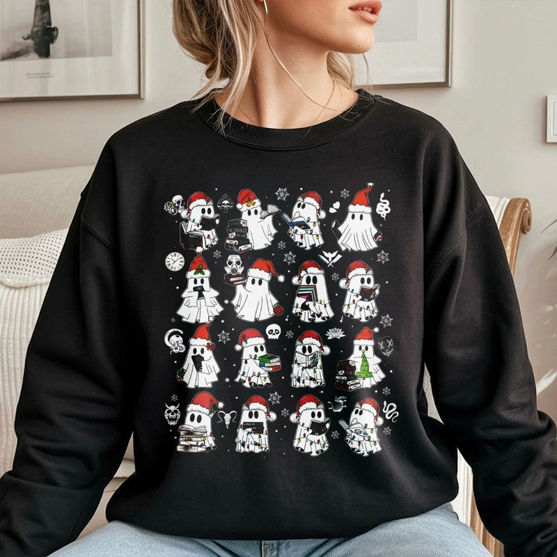 Spooky Book Lover Graphic Crewneck, Christmas Ghost Reading Sweatshirt, Comfy Bookish Holiday Sweater, Reader Romance Xmas Pullover Present