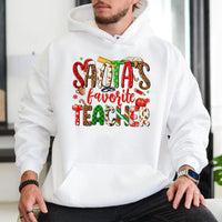 Leopard Plaid Teacher Christmas Hoodie, Santa's Favorite Teacher Hoodie, Festive Educator Holiday Hoodie, Winter School Staff Sweatshirt