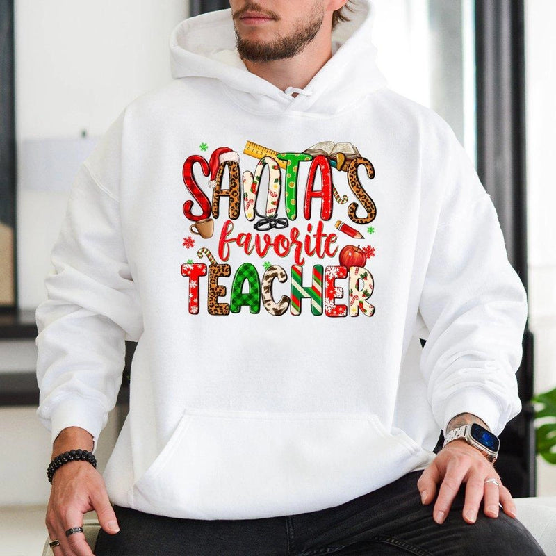 Leopard Plaid Teacher Christmas Hoodie, Santa's Favorite Teacher Hoodie, Festive Educator Holiday Hoodie, Winter School Staff Sweatshirt