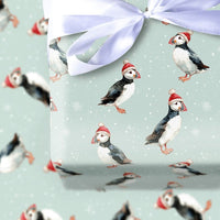 Santa Hat Bird Gift Wrap, Puffin Christmas Wrapping Paper, Watercolor Puffin Wrapping Paper, Coastal Holiday Gift Wrap, Xmas Present Wrap