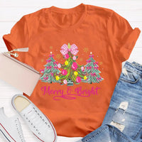 Merry and Bright Holiday Graphic Tee, Bow Christmas Tree Teacher Shirt, Adorable Teacher Christmas T-Shirt, Winter School Holiday Present