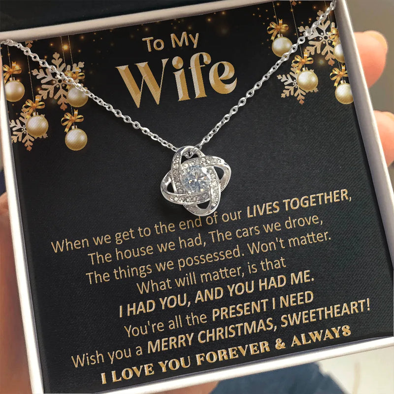Christmas Message Card Jewelry Necklace, Wife Love Knot Necklace, 14k White Gold over Stainless Steel Necklace, Romantic Holiday Present