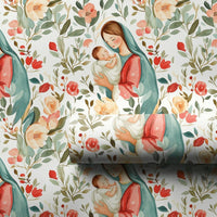 Floral Catholic Holiday Gift Wrap, Virgin Mary and Baby Jesus Wrapping Paper, Religious Baptism Paper, Christian Christmas Present Wrap