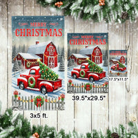 Vintage Winter Barn Yard Banner, Merry Christmas Red Truck Garden Flag, Double Sided Holiday Flag, Rustic Farmhouse Lawn Decor