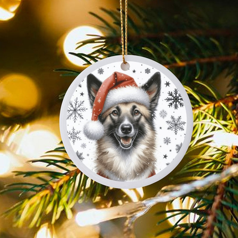 Santa Hat Dog Ceramic Ornament, Norwegian Elkhound Christmas Ornament, Holiday Tree Keepsake Ornament, Present for Elkhound Lovers
