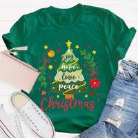 Joy Hope Love Peace Holiday Graphic Tee, Christmas Tree T-Shirt, Retro Xmas Tree Shirt, Festive Holiday Apparel Present